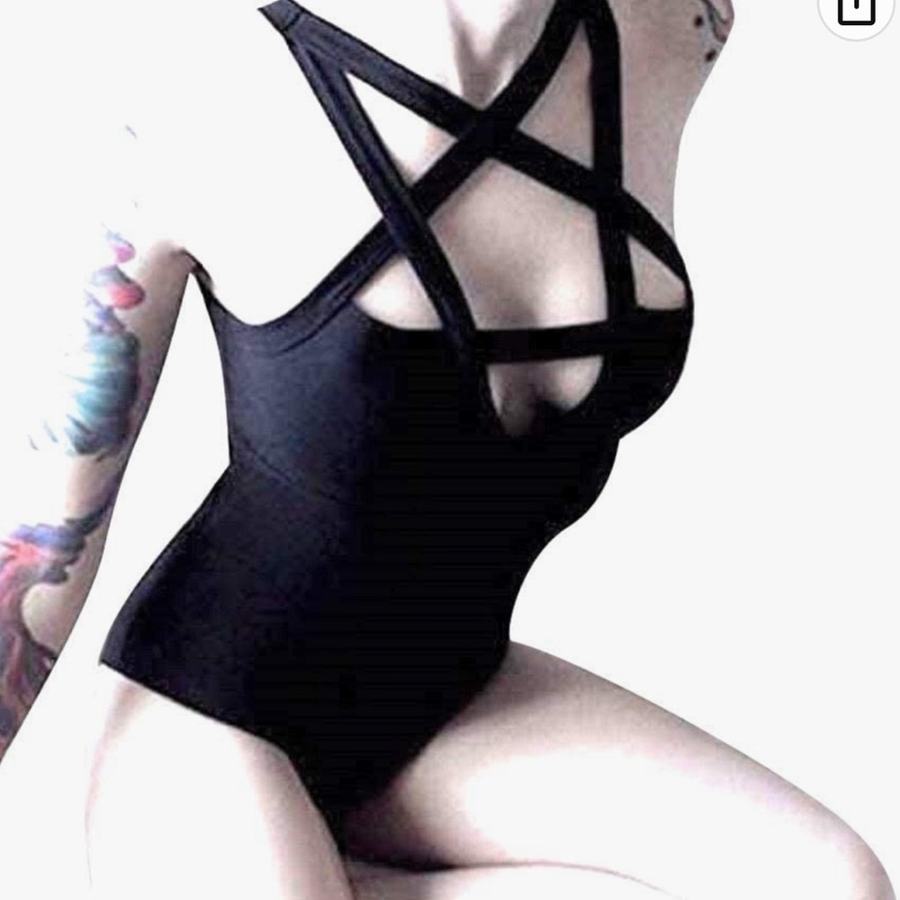 Women Hollow Out Low Chest Pentagram Bodysuit Gothic Dark Street Jumpsuit​